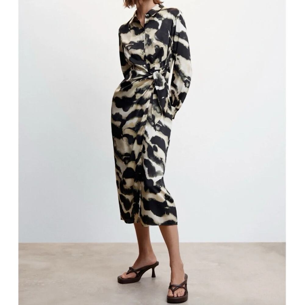 Mango Black Tan Abstract Camila Midi Wrap Dress Size M